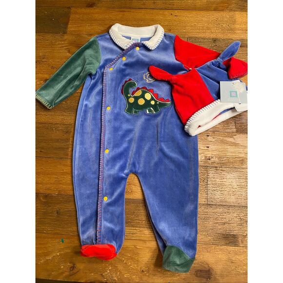 Little Me 9m Plush Dinosaur Outfit Footie Pajam Hat blue vintage baby boy girl - Picture 1 of 7